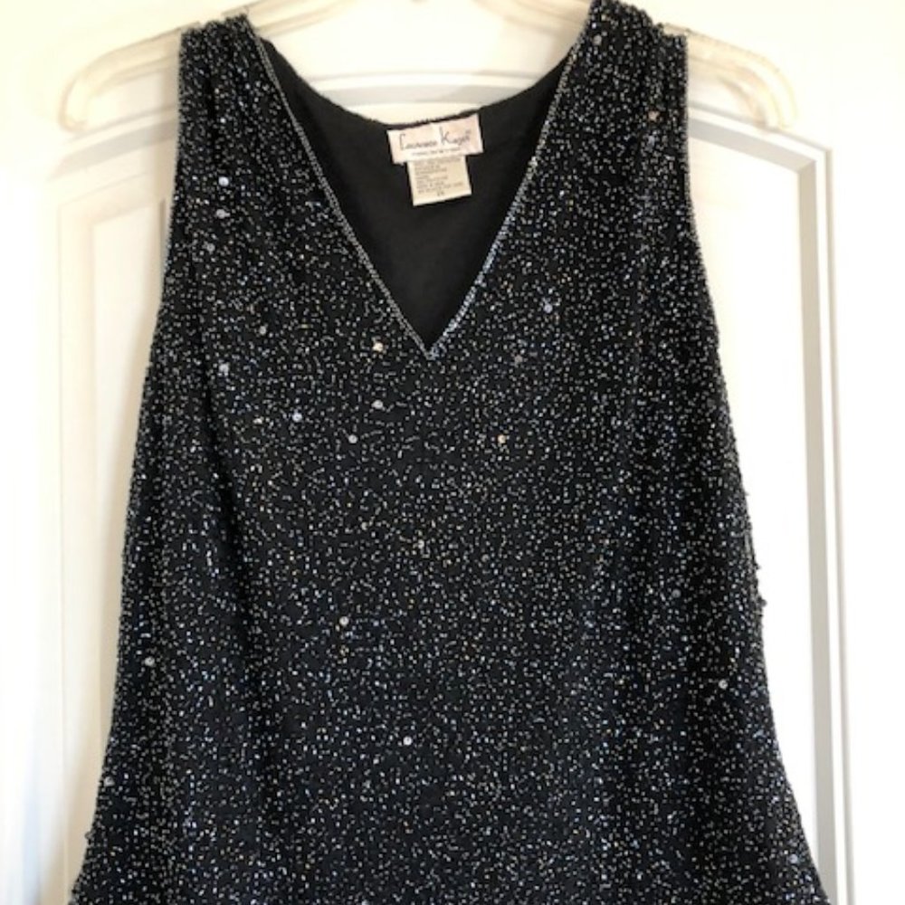 Laurence Kazar beaded, black, sleeveless top, size 2x.